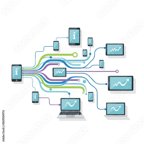 Multiple devices interconnected through data streams showcasing information flow