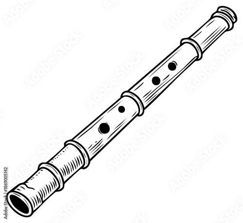 Vintage Wooden Recorder Musical Instrument Drawing