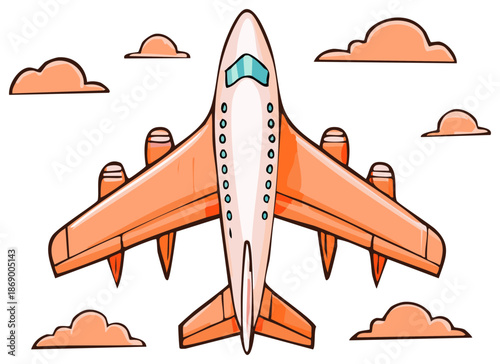 Cartoon airplane illustration with orange and white colors against white sky.