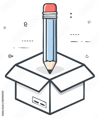 Creative concept with a light blue pencil standing in an open cardboard box illustration