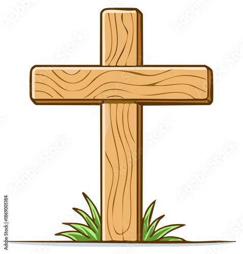Christian Wooden Cross with Grass Blades Religious Symbol Cartoon Vector