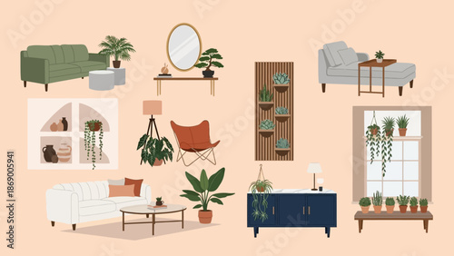 Modern Home Decor Furniture and Accessories with Plants.