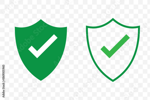 Shield check mark icon or security shield protection icon with tick symbol. green security shield icon