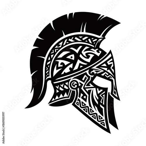 A black and white tribal-style illustration of a Spartan helmet with intricate patterns.