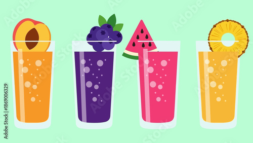 Colorful fruit smoothies with various garnishes.