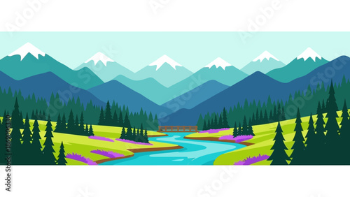 Serene mountain landscape with river and trees in a vibrant illustration.