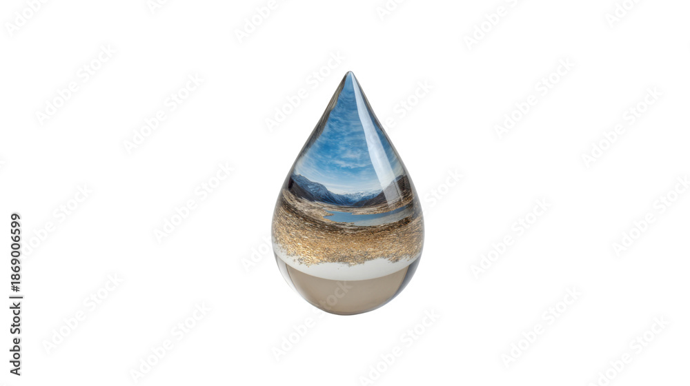 Obraz premium Water drop encompassing nature landscape with mountains and lake, representing environment conservation on transparent background