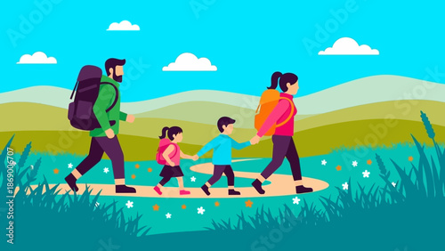 Family hiking together in a serene natural landscape.