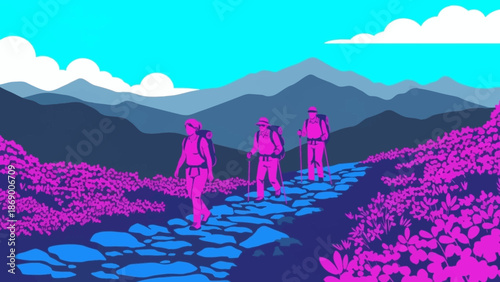 Three hikers walking on a stone path through a vibrant landscape.