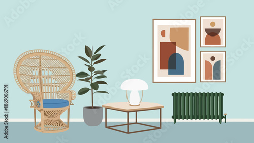 Cozy living room interior with wicker chair and green radiator.