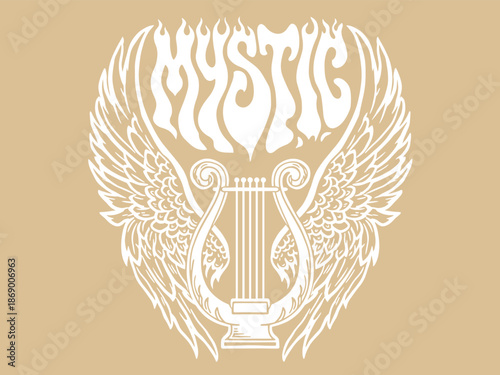 Retro Mystic T-shirt Graphic: Groovy Psychedelic Text with Angel Wings and Lyre Harp Illustration. Vintage 70s Style Vector.