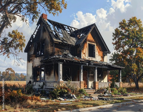 A distressed two-story dwelling shows fire damage, with a missing roof section and a weathered exterior, amidst autumn foliage