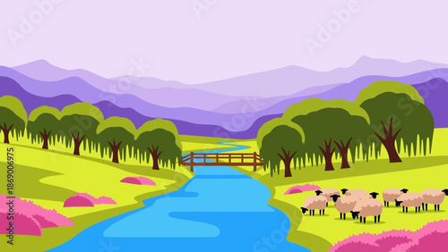 Serene landscape with river and grazing sheep in a valley.