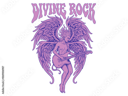 Psychedelic Divine Rock T-Shirt Design. Retro Angel with Wings Playing Electric Guitar Vector Illustration in Purple and Lilac.