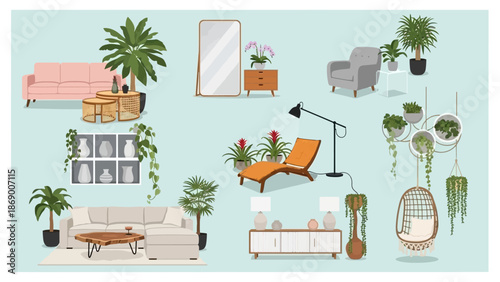 Assorted home decor elements including furniture and plants.