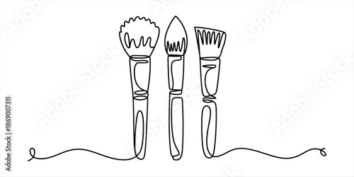 Continuous line drawing of three makeup brushes representing beauty and minimalism Vector, illustration