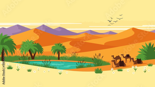 Desert landscape with oasis and camels at sunset.