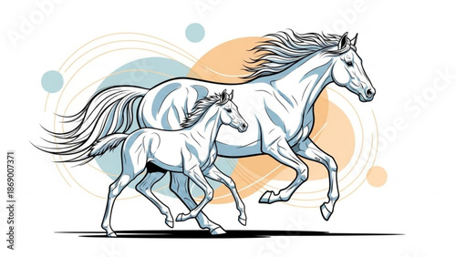 Two white horses running side by side in a dynamic illustration with flowing manes and tails on a colorful abstract background with artistic
