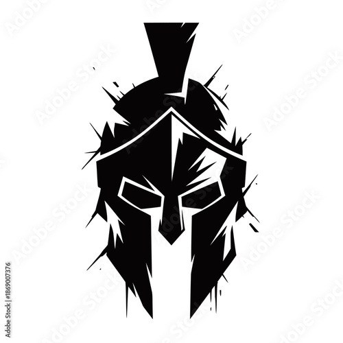 A striking black and white illustration of a Spartan helmet with a distressed, splattered effect, symbolizing strength and ancient warfare.