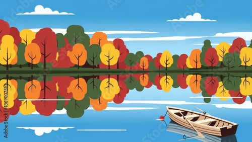 A serene lake scene with a small wooden boat floating on calm water surrounded by vibrant autumn trees reflecting in the lake with serenity