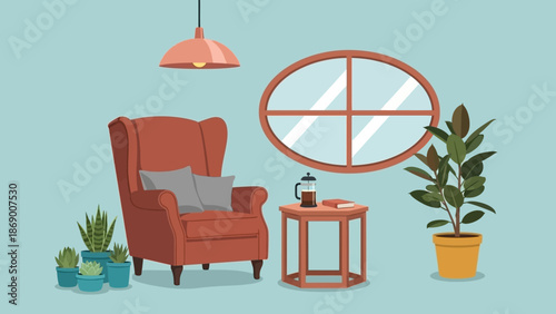 Cozy living room with red armchair and decor.