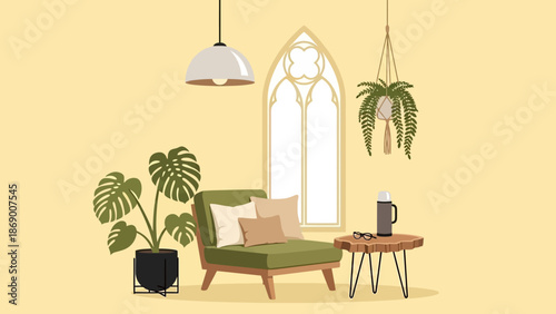 Cozy living room with green armchair and potted plants.