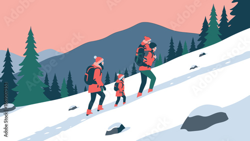 Family hiking in snowy mountains with backpacks and winter gear.