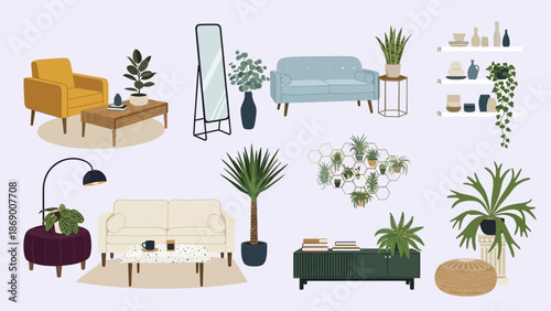 Assorted home decor elements including furniture and plants in various styles.