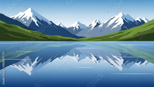 Snowy mountain range reflected in calm lake water on a clear sunny day with green hills with snowy peaks and lake reflection with calm water