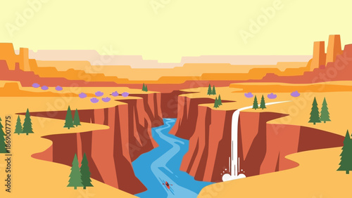 Scenic Grand Canyon Landscape with River and Waterfall.