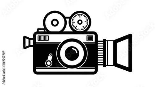 A black and white illustration of a vintage movie camera with film reels on top and a large lens in the center evoking a sense with graphic