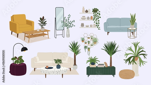 Collection of modern furniture and houseplants in various styles and colors.