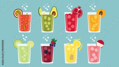 Colorful cartoon smoothies with various fruits and garnishes.