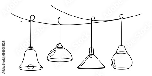 Minimalist one-line drawing of four different types of pendant lamps hanging from a wire Vector, illustration