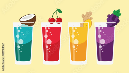 Colorful smoothies with various fruits and coconut garnish.