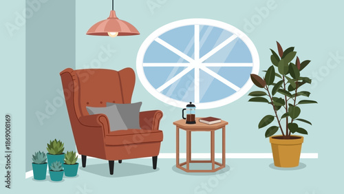 Cozy living room with orange armchair and potted plants.