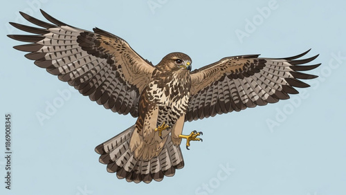 A large brown and white bird of prey with outstretched wings flying in a clear blue sky with its talons extended downward with flying bird