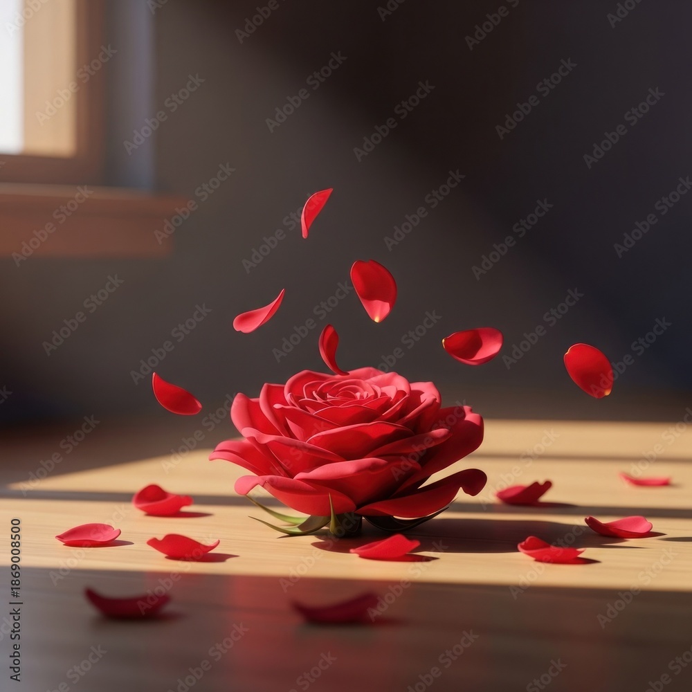 Obraz premium A single, open, red rose with petals falling on a sunlit wooden floor
