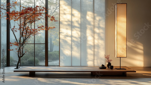 Zen-inspired Chinese tea room/reception room interior space light and shadow landscape