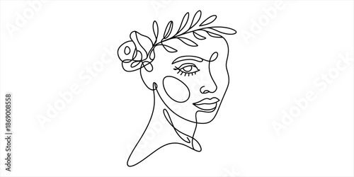 Elegant continuous line art portrait of a woman with flower and leaves in her hair Vector, illustration