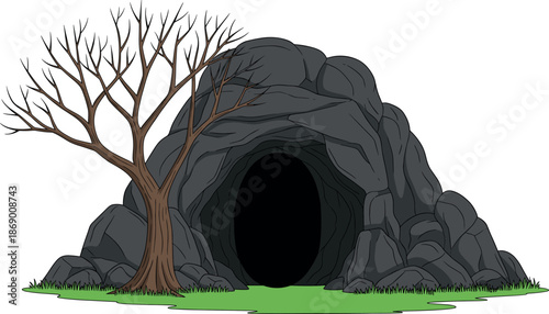 Vector illustration of a dark mysterious mountain cave entrance with a bare leafless tree and green grass isolated on white.