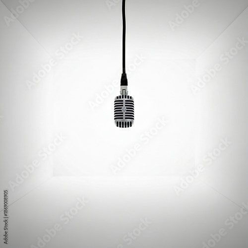 vintage silver microphone hanging in the center of a bright, overexposed white room. The shadows are barely visible, making the microphone appear as if it is floating in a void of pure light. Wide sho