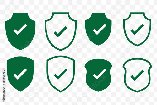 Shield check icon set. Outline symbol editable.