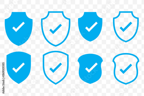 Shield check icon set. Outline symbol editable.