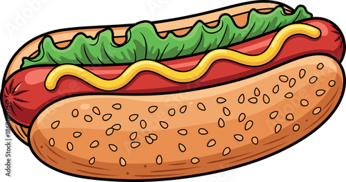 Vector illustration of a grilled hot dog in a sesame seed bun with yellow mustard and green lettuce isolated on white background.