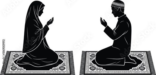 Muslim man and woman praying silhouette vector illustration with traditional Islamic prayer mats, religious worship concept for Ramadan Kareem and Eid Mubarak,