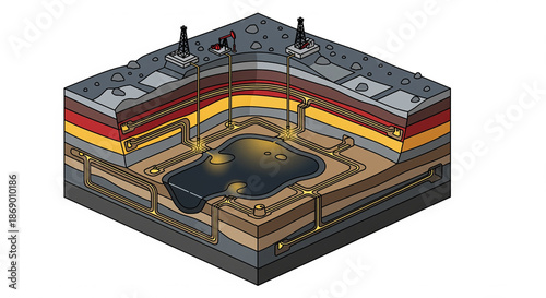 Oil extraction process illustration showing an underground crude oil reservoir being tapped by multiple wells and a pumpjack through layered geological formations.