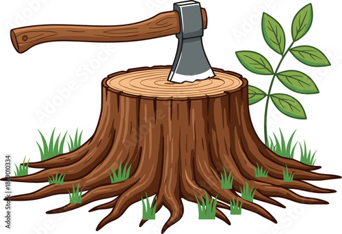 Vector illustration of a metal axe embedded in a brown tree stump with roots and a green leafy sapling isolated on white background.