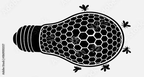 Innovative Idea Symbolized by a Light Bulb Filled with Honeycomb and Bees