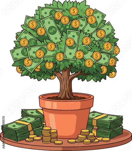 Vector illustration of a money tree in a pot with gold coins and green banknotes growing as leaves and stacked at the base.